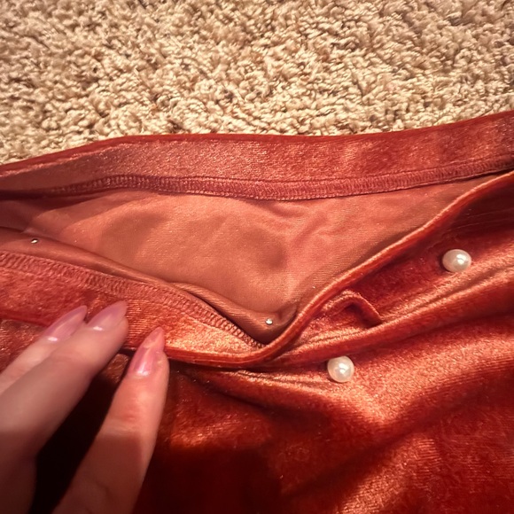 Rust colored Velvet Mini Skirt with Pearl Details - Picture 5 of 6